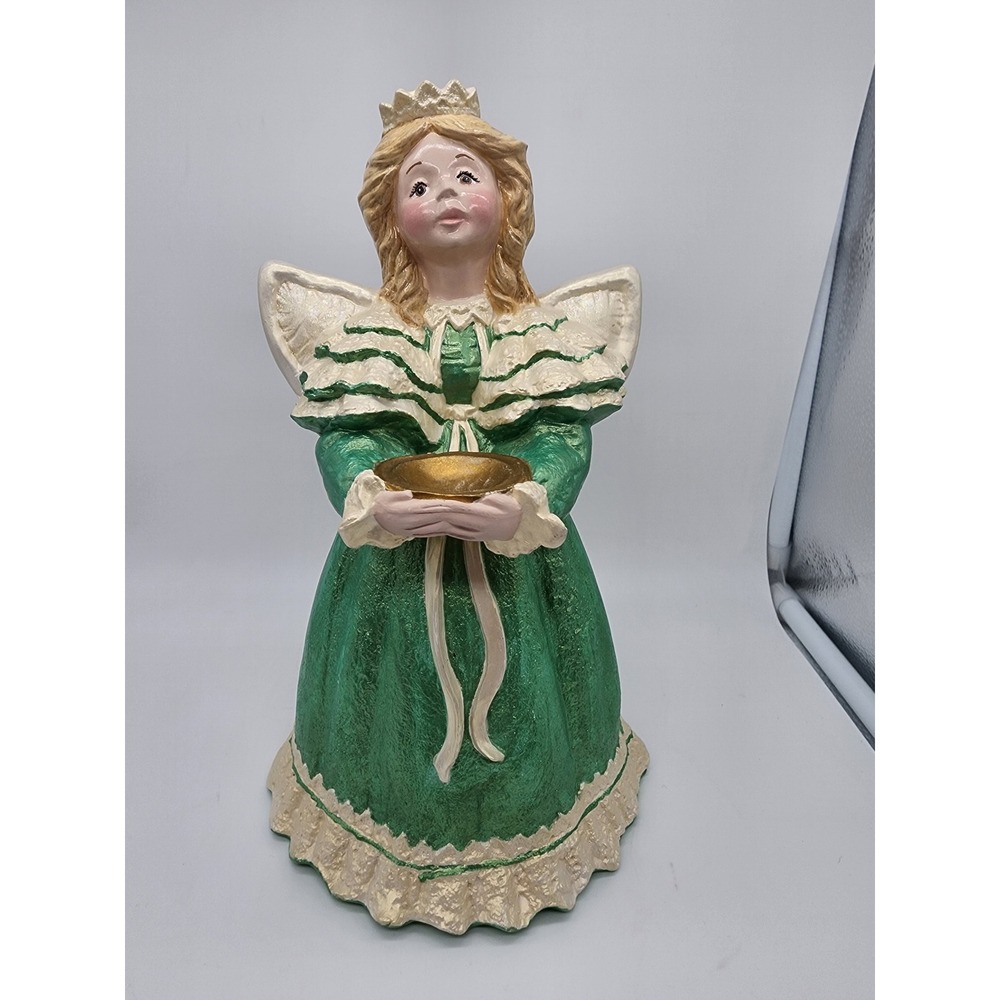 Vintage Style Green Angel Figurine with Gold Bowl Christmas Tabletop Decor 11in